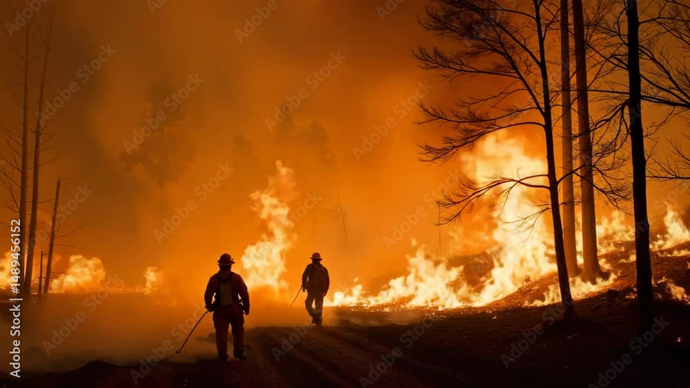 Firefighters using backburning technique during wildfire at night  