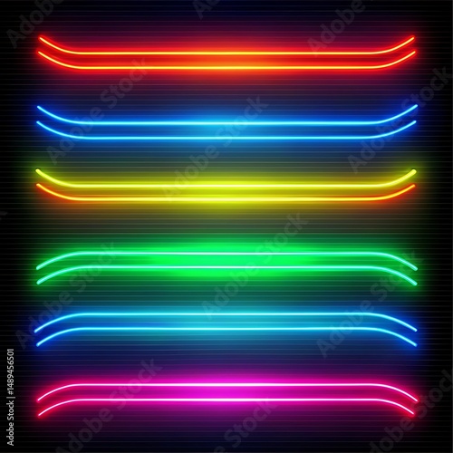 Set of glowing neon light lines Line neon futuristic sign red, green, yellow, blue. Colorful electric style lines