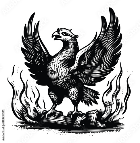 Detailed Engraving of a Majestic Phoenix Rising from Ashes