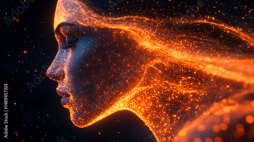 Artistic facial profile partially composed of rejuvenating particles or molecules 
