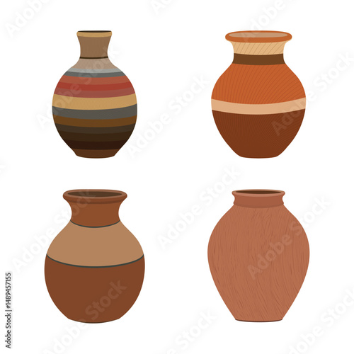 Set of traditional clay pots and earthenware vases in various shapes and colors on white