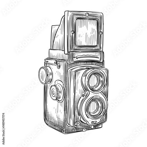 vintage twin lens reflex camera vector hand drawn illustration