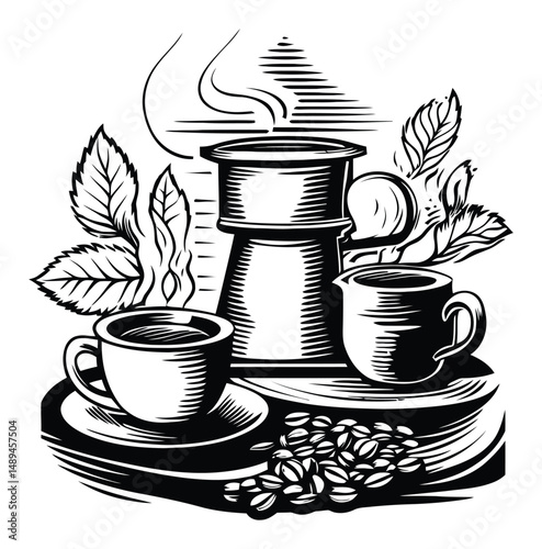 Vintage Engraving of Coffee Brewing with Cups and Coffee Beans