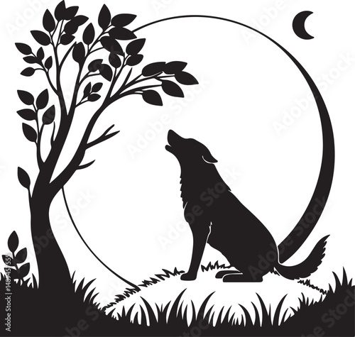 Dog Sitting Under Full Moon Silhouette