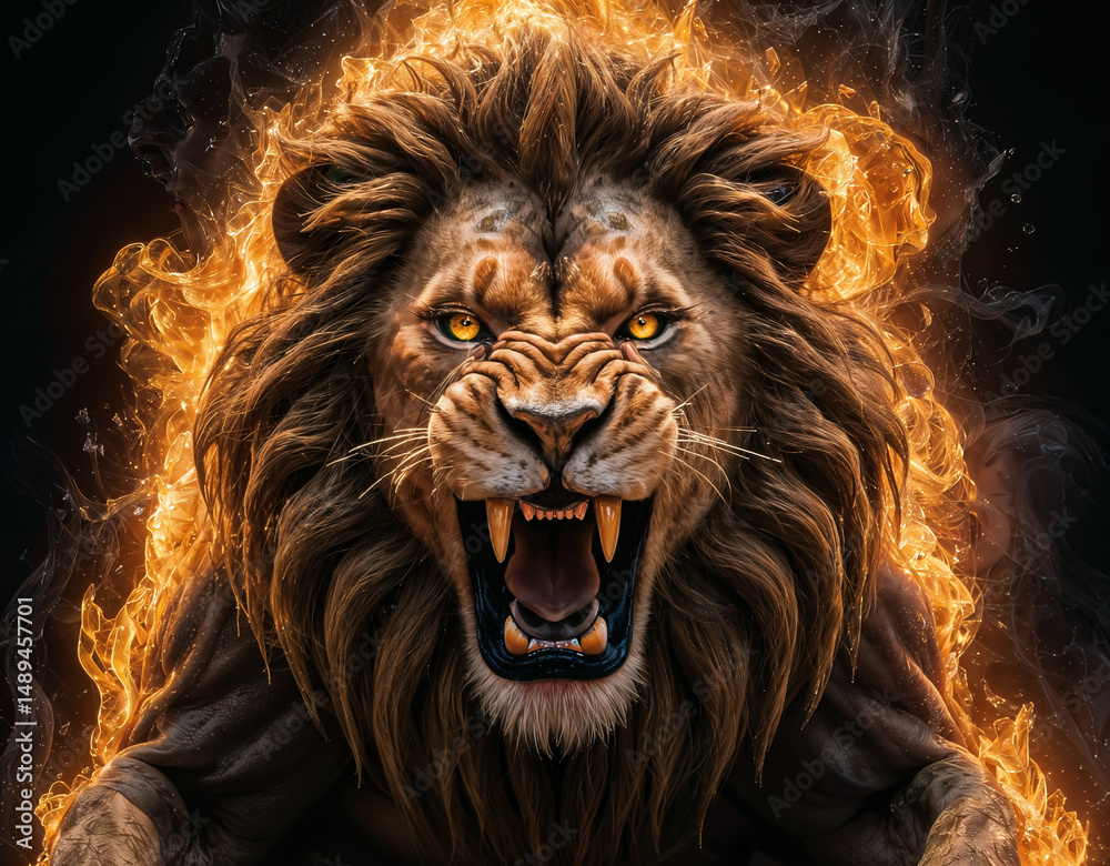 Fototapeta premium Ferocious lion roars with burning intensity, its menacing eyes glow against the dark backdrop