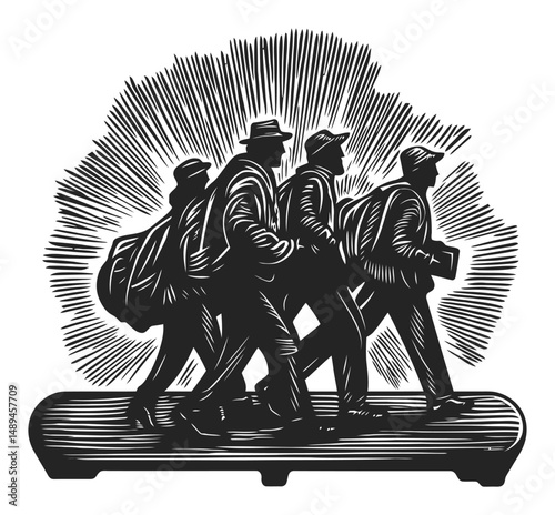 Engraved Illustration of Four People Walking with Bags