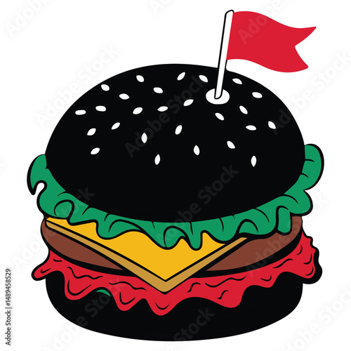 Delicious gourmet burger with fresh ingredients on dark bun isolated vector illustration on white backgroun