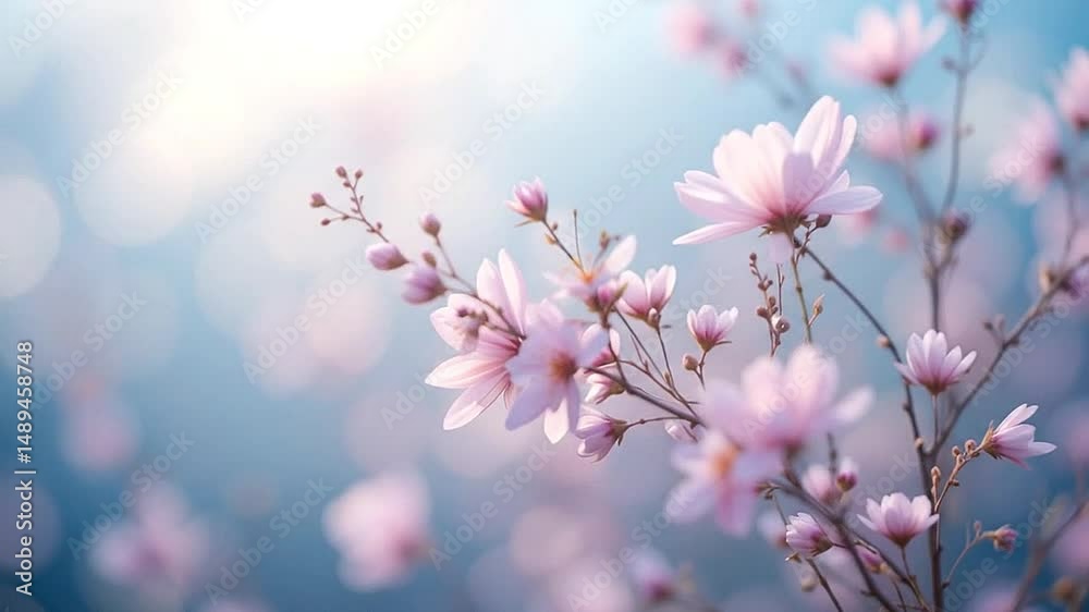 Delicate flowers swaying rhythmically in breeze with soft bokeh background Delicate flowers swaying rhythmically in breeze with soft bokeh background