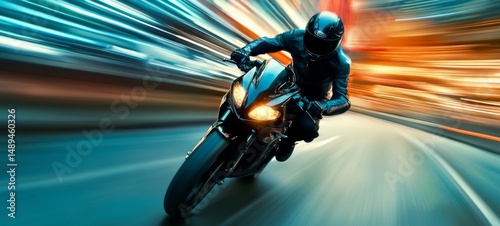 Caucasian male on sport bike at night, in leather gear, racing through city lights. Motion blur, vibrant trails, sharp focus, cinematic style, speed, action, and urban energy.