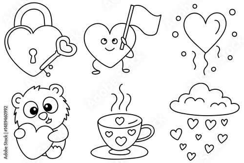 Cute illustrations of hearts, lock, flag, bear, cup, and rain, perfect for social media icons and designs