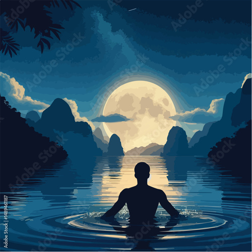 a person is swimming with a view of the evening twilight