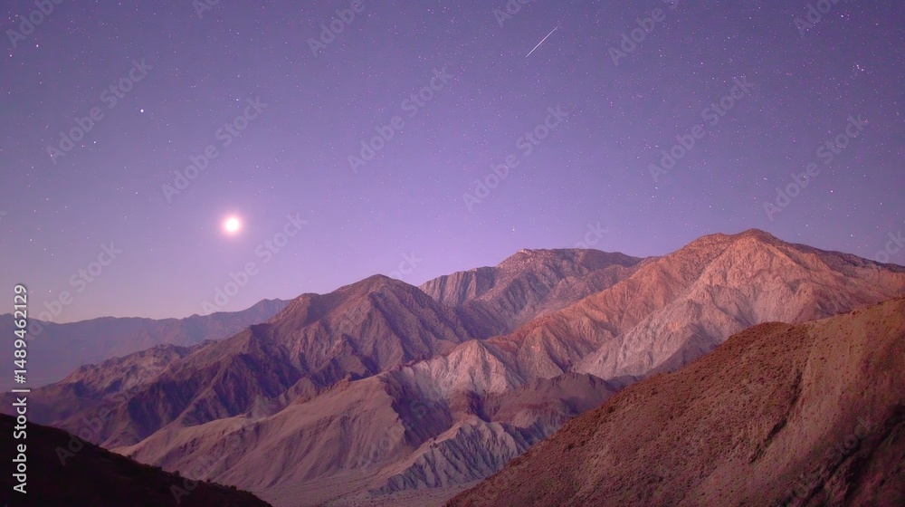 Obraz premium Serene Night Landscape with Stars over Majestic Mountain Range and Moonlit Sky in Twilight Hues