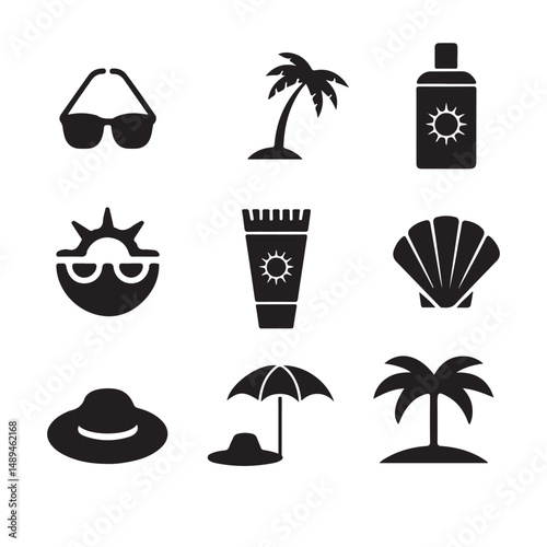 This set of nine black silhouette icons represents essential summer vacation elements on white background