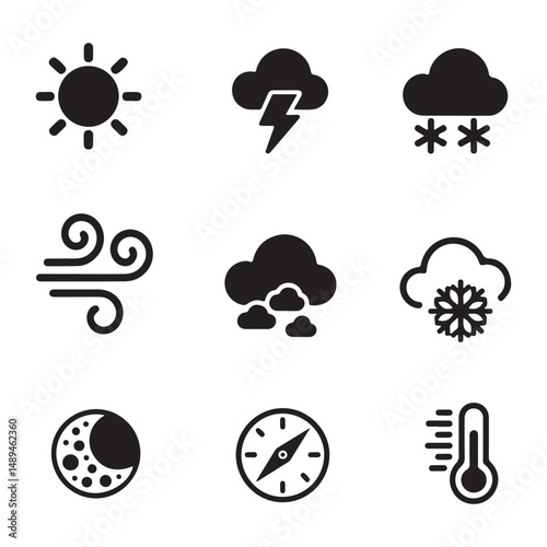 Simple, black and white vector icons depict various weather phenomena, including sun, storm, snow, wind, clouds, moon, compass, and thermometer on white background