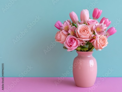 Wallpaper Mural Pink flowers roses and tulips in a vase on a light blue and pink background create a fresh and vibrant springtime still life for decoration Torontodigital.ca