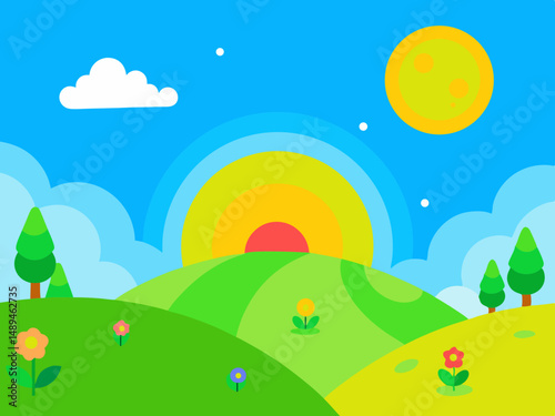 Vibrant fantasy landscape carton digital art illustration background wallpaper