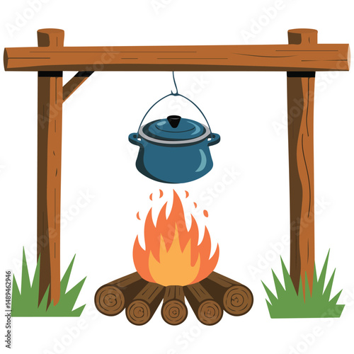 Outdoor cooking adventure with steaming pot over crackling fire isolated vector illustration on white backgroun
