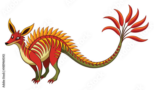 Mythical Creature Red FoxLike Animal with Fiery Mane and Floral Tail Illustration
