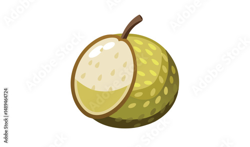 Cut Half of Whole Breadfruit, Green Textured Skin with Stem on White