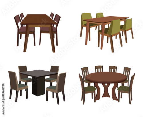 Collection of dining table and chair sets in various styles and colors for interior decoration