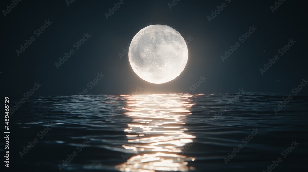 Fototapeta premium Serene Night Moonlight Over Calm Ocean Waves Reflected on Water Surface Under Starry Sky