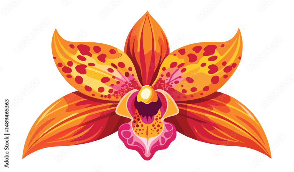 Obraz premium Vibrant Orange and Yellow Orchid Flower with Red Spots on a White Background
