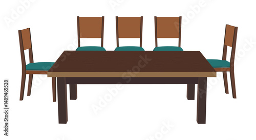 Illustration of a wooden dining table set with five chairs and teal cushions isolated on white background