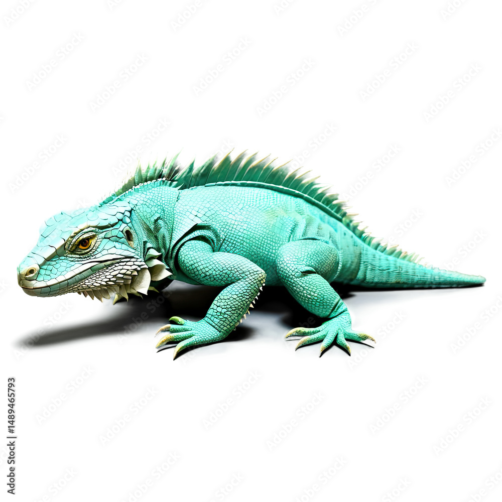Obraz premium A striking turquoise iguana poses dramatically on a sleek black surface, isolated studio shot.