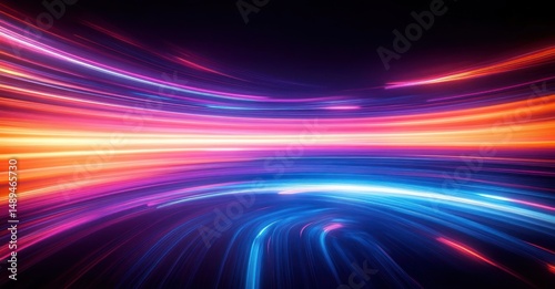 Abstract dynamic curved streaks of neon light in purple, pink, red, orange, and blue creating a futuristic glowing tunnel effect with motion and depth