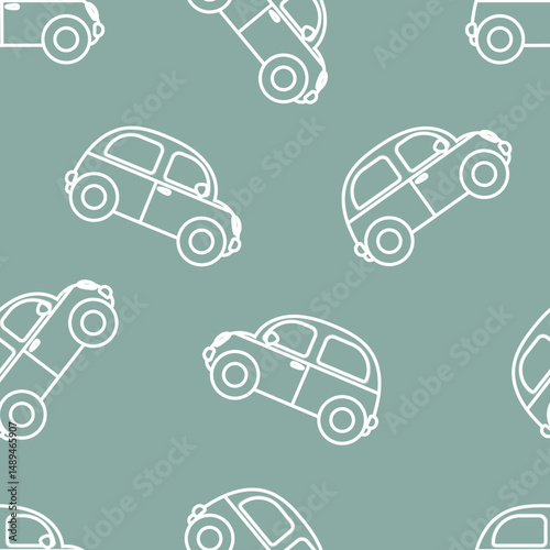 Vector seamless pattern with classic retro cars in white outline on a muted green background. Ideal for textile, childrens room design and vintage wrapping