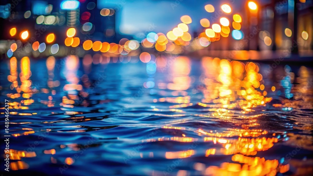 Obraz premium night, dark blue water surface, orange lights with strong bokeh effect
