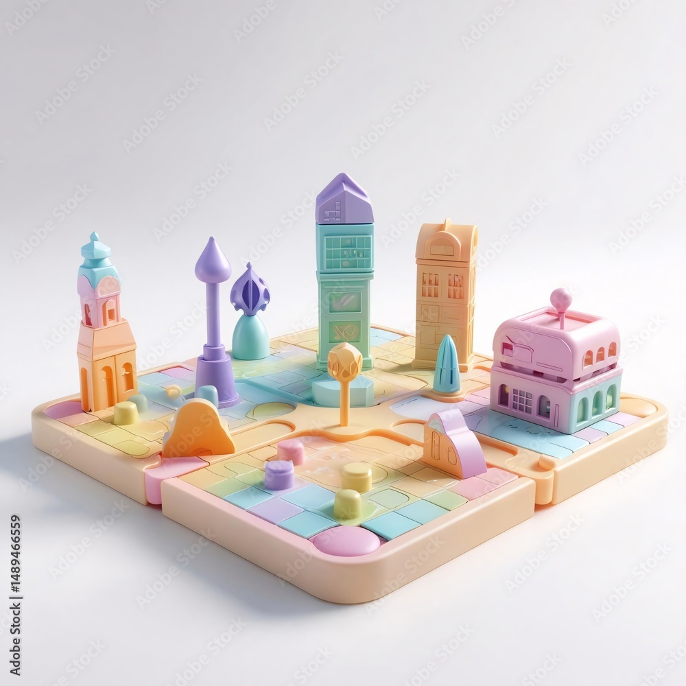 Fototapeta premium Colorful Pastel City Building Blocks Playset Creative Construction Toy for Kids