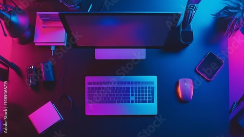 Neon Desk Setup:  A Gamer's Paradise