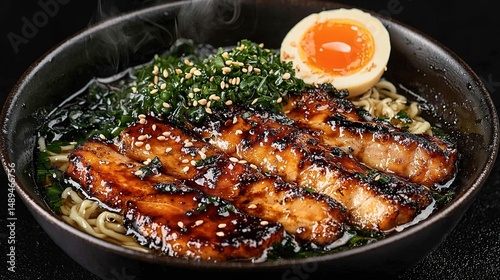 Delicious teriyaki ramen with seasoned pork and egg. photo