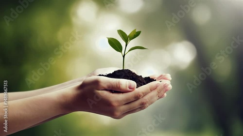 Close-up of soil-covered hands sapling holding a small sprout, sun flare in background, forest surrounding, green leaves moving gently in wind, message of nurturing and growth, sustainability.