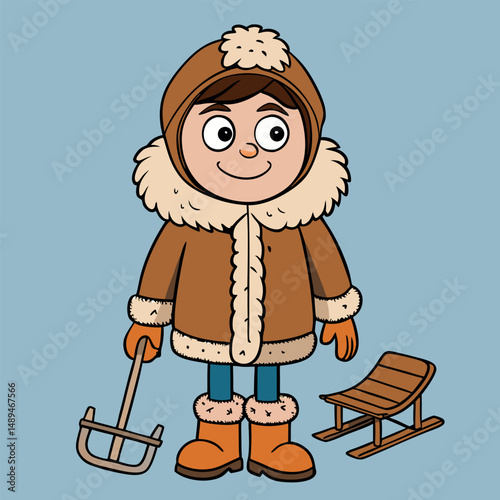 Vector illustration of a child with a sled in winter