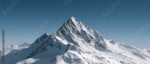 Snow covered mountain peak under a clear blue sky creates a majestic alpine scene perfect for travel and adventure photography