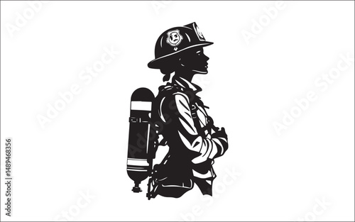 fire fighter silhouette vector . firefighter, silhouette, rescue, emergency, uniform, helmet, hose, truck, team, danger