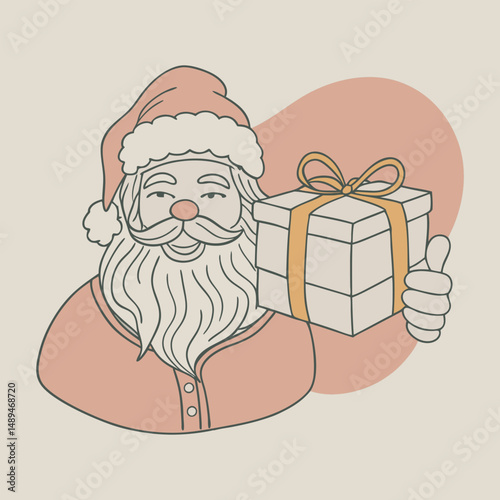 Vector illustration of Santa, Father Frost with a big box with a bow, a gift, in doodle style