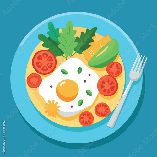 Vector illustration of scrambled eggs with vegetables on a plate, delicious food, breakfast