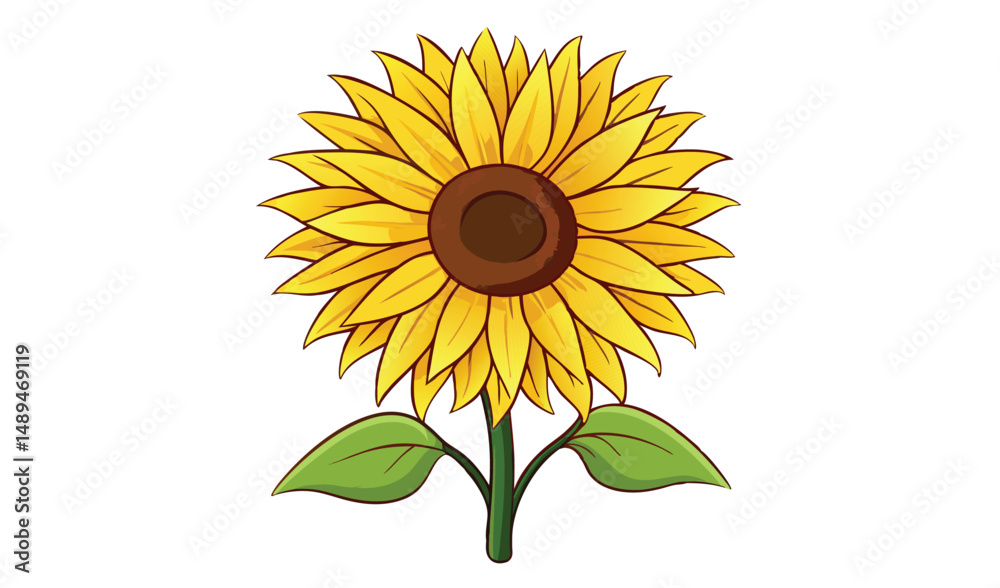 Obraz premium Cartoon Sunflower with Brown Center, Yellow Petals, Green Stem, and Leaves on White Background