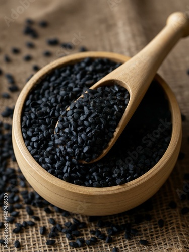 A bowl of black sesame seeds and spoon.