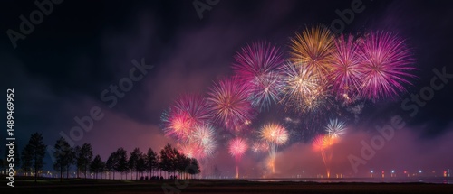 Spectacular firework display illuminates the night sky above park trees, celebrating festival