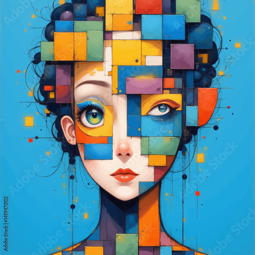 Abstract Female Portrait in Cubist Style with Bright Colors
