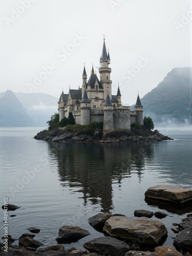 A castle on an island in foggy weather.