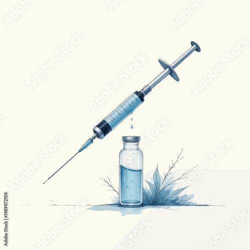 Blue Medical Syringe Drawing with Vial and Leaf