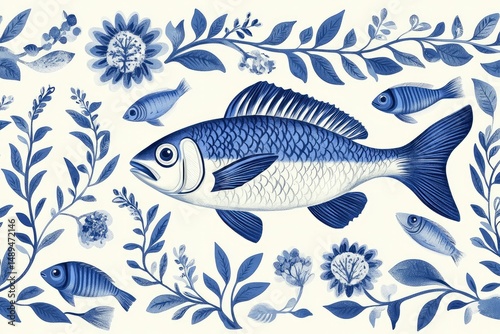 mediterranean blue tile pattern with fish and kitchen herbs, seamless, soft floral borders
