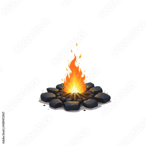 Campfire Bonfire: Warm Glow on Beach Rocks, Night Celebration