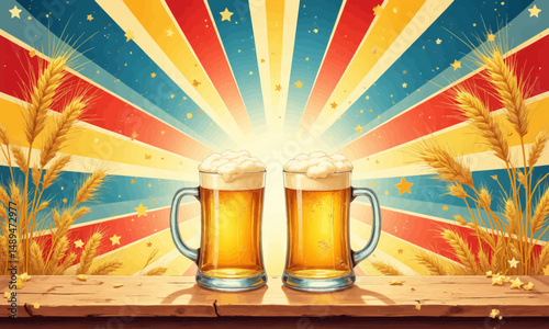 Celebratory Beer Mugs with Sunburst and Wheat
