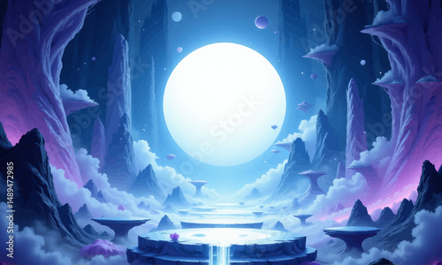 Celestial Cavern: Dreamy Blue Mountains and Moonlit Lake